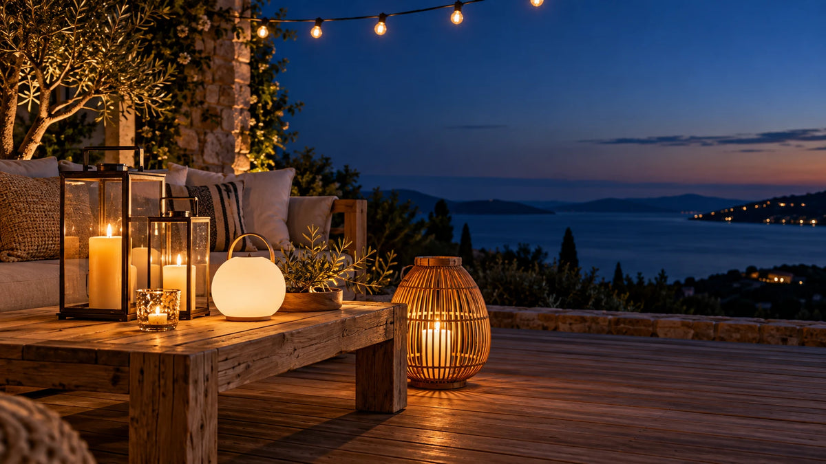 Terrasse en bois au crépuscule éclairée par des lanternes, une lampe boule blanche, une lanterne en bambou et une guirlande lumineuse