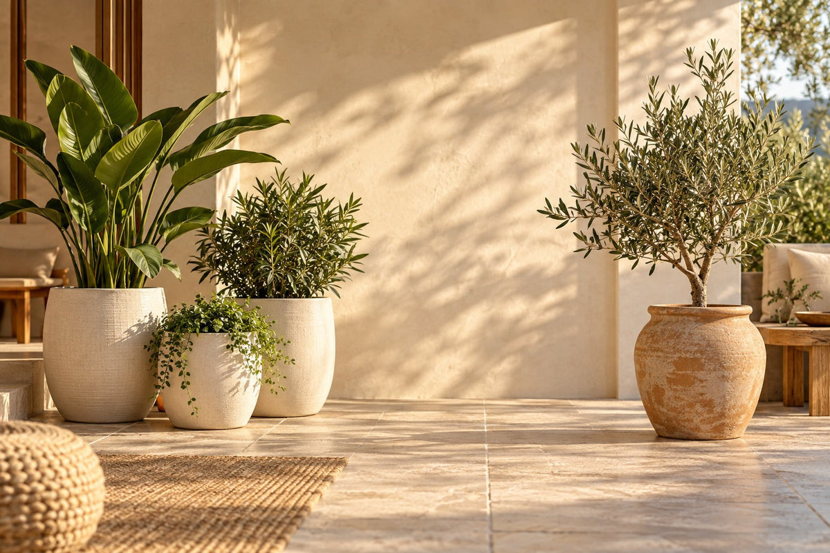 Cache-pots en céramique crème avec plantes vertes et olivier en pot en terre cuite