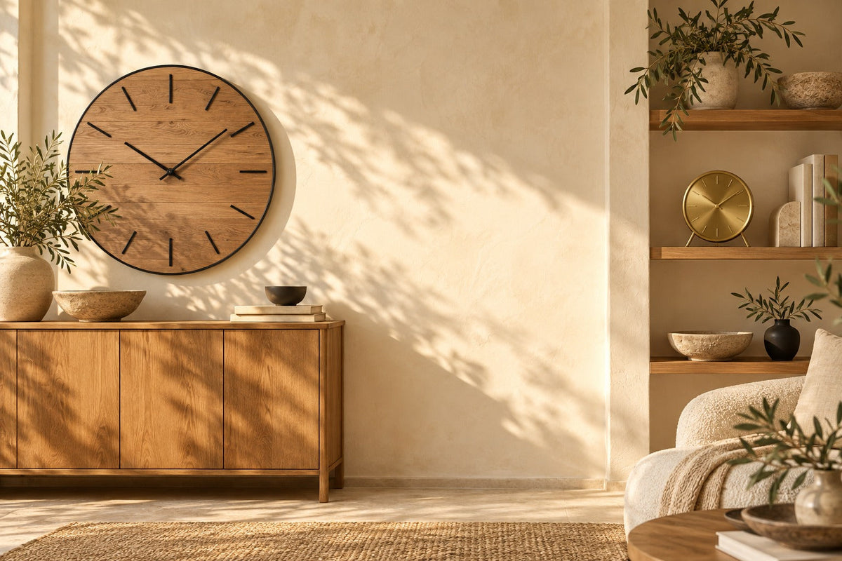 Horloge murale ronde en bois au-dessus d'un buffet et horloge en laiton sur une étagère