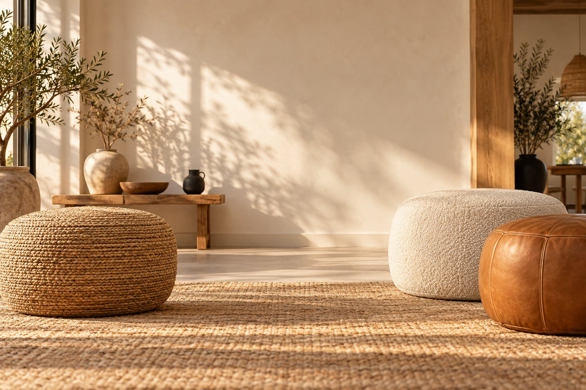 Poufs en jute, bouclette et cuir camel