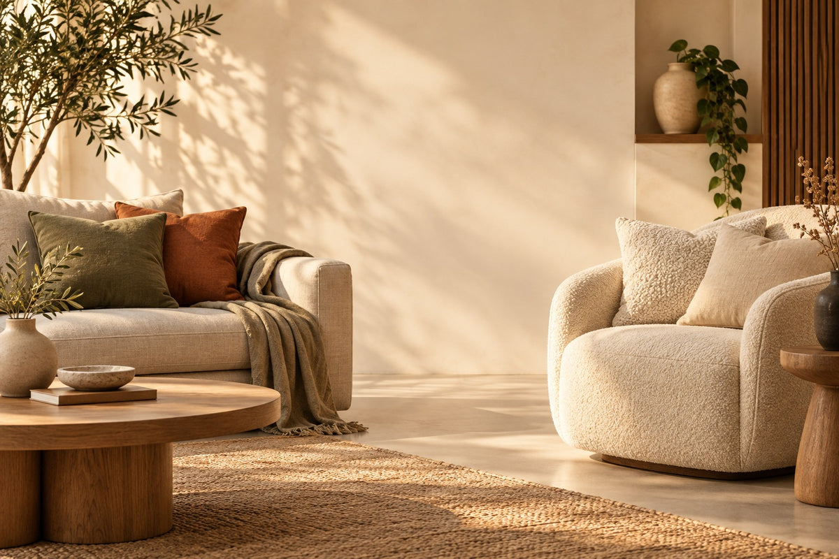 Coussins sauge, terracotta et bouclette sur canapé et fauteuil