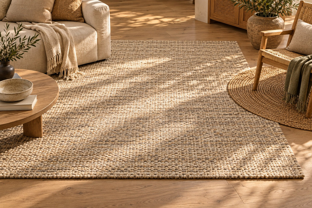 Grand tapis en laine tissée tons sable et tapis rond en jute sur parquet