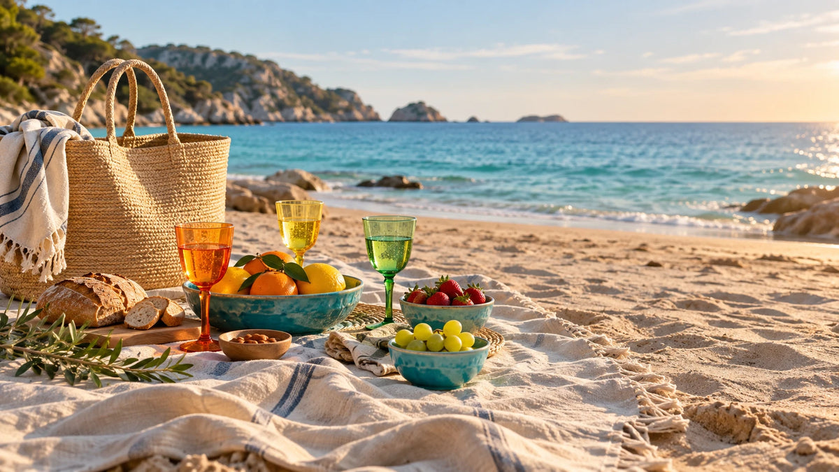 Pique-nique sur une plage méditerranéenne avec sac en paille, verres colorés et bols turquoise remplis de fruits