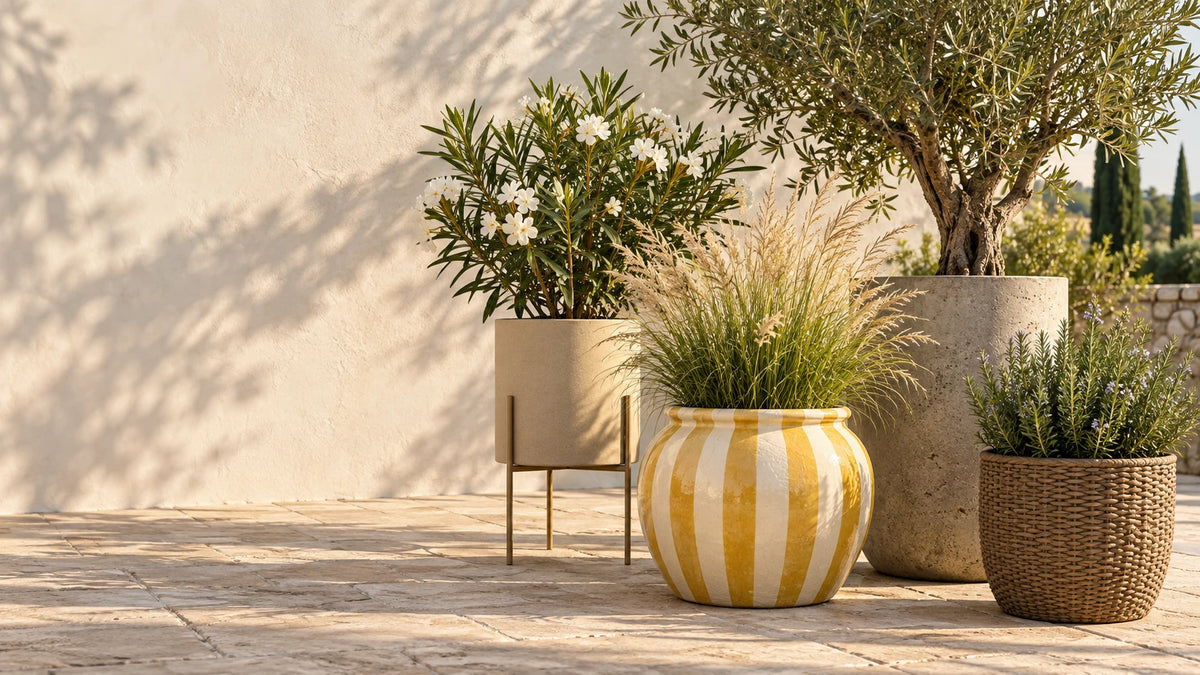 Pots de fleurs d'extérieur sur une terrasse en pierre : pot rayé jaune, pot en ciment avec olivier, pot sur pied et pot tressé avec romarin
