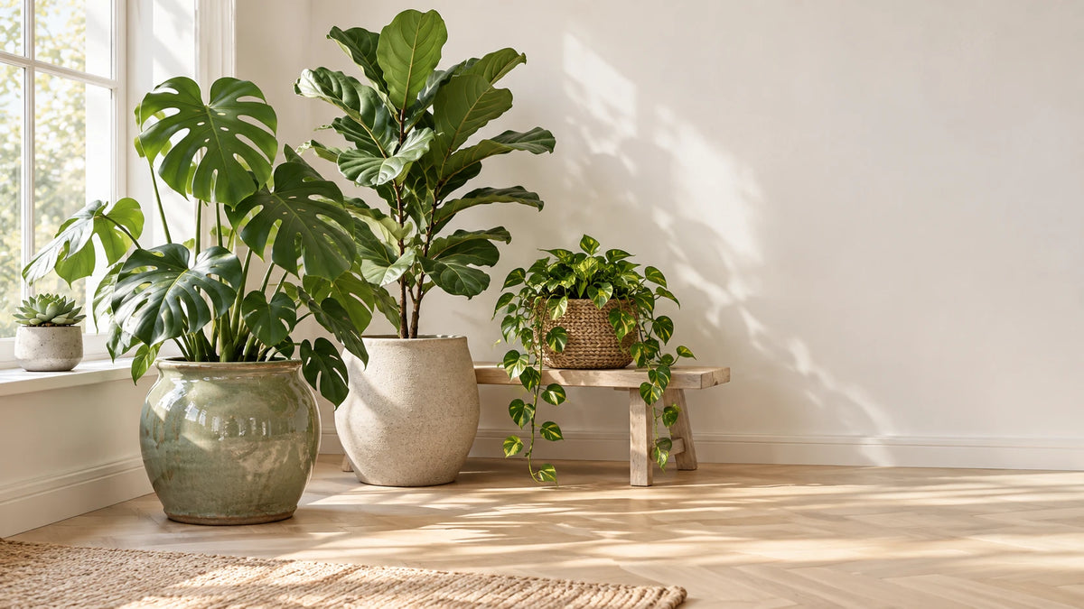 Pots de fleurs d'intérieur en céramique verte, grès beige et jute tressé avec monstera, ficus et pothos dans un salon lumineux