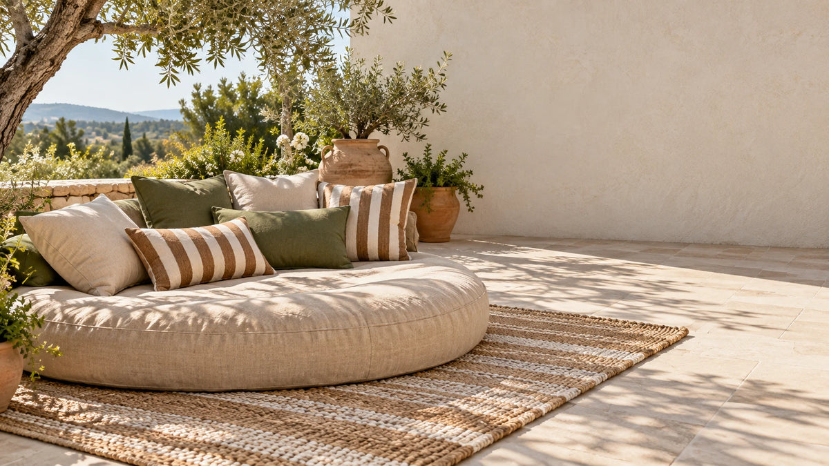 Coin lounge sur une terrasse ensoleillée avec tapis tissé naturel, grand matelas rond beige et coussins vert olive et rayés