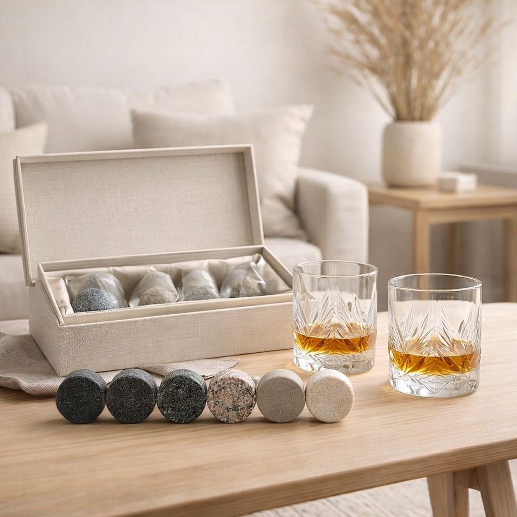 Coffret ROCKS avec verres en cristal et pierres à whisky en granit sur une table en bois