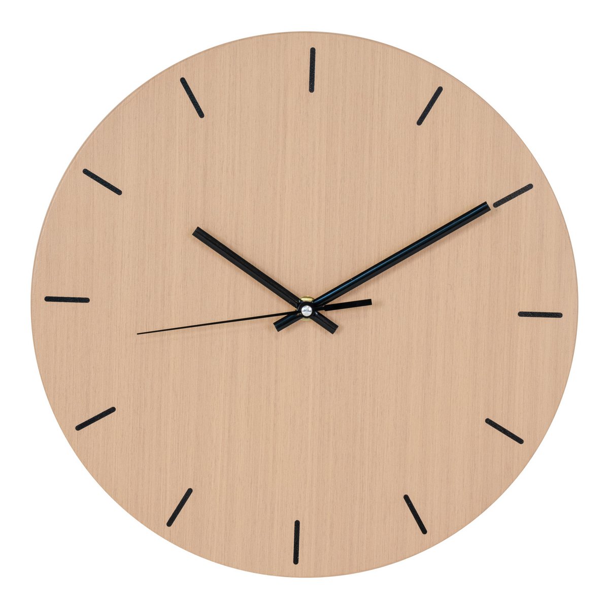 Horloge Murale Asti en bois et acier, vue de face avec cadran noir