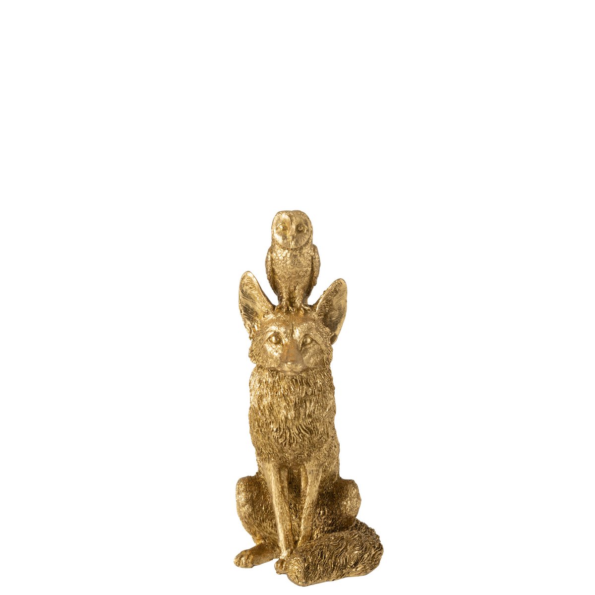 Statue Renard + Hibou en résine dorée vue de face