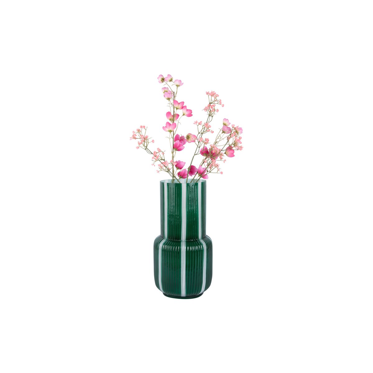 Vase rétro en verre vert avec rayures hautes, vue de côté