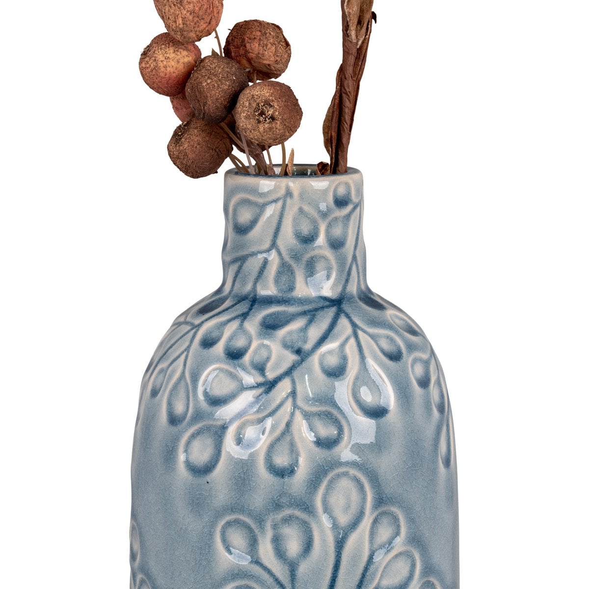 Vue rapprochée du motif floral sur le vase en céramique bleu