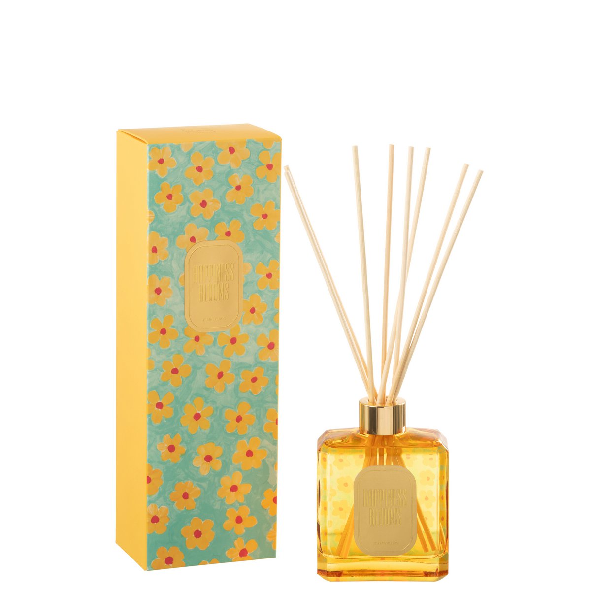Bâtonnets parfumés J-Line Happiness Blooms en verre azur et jaune, parfum Ylang Ylang