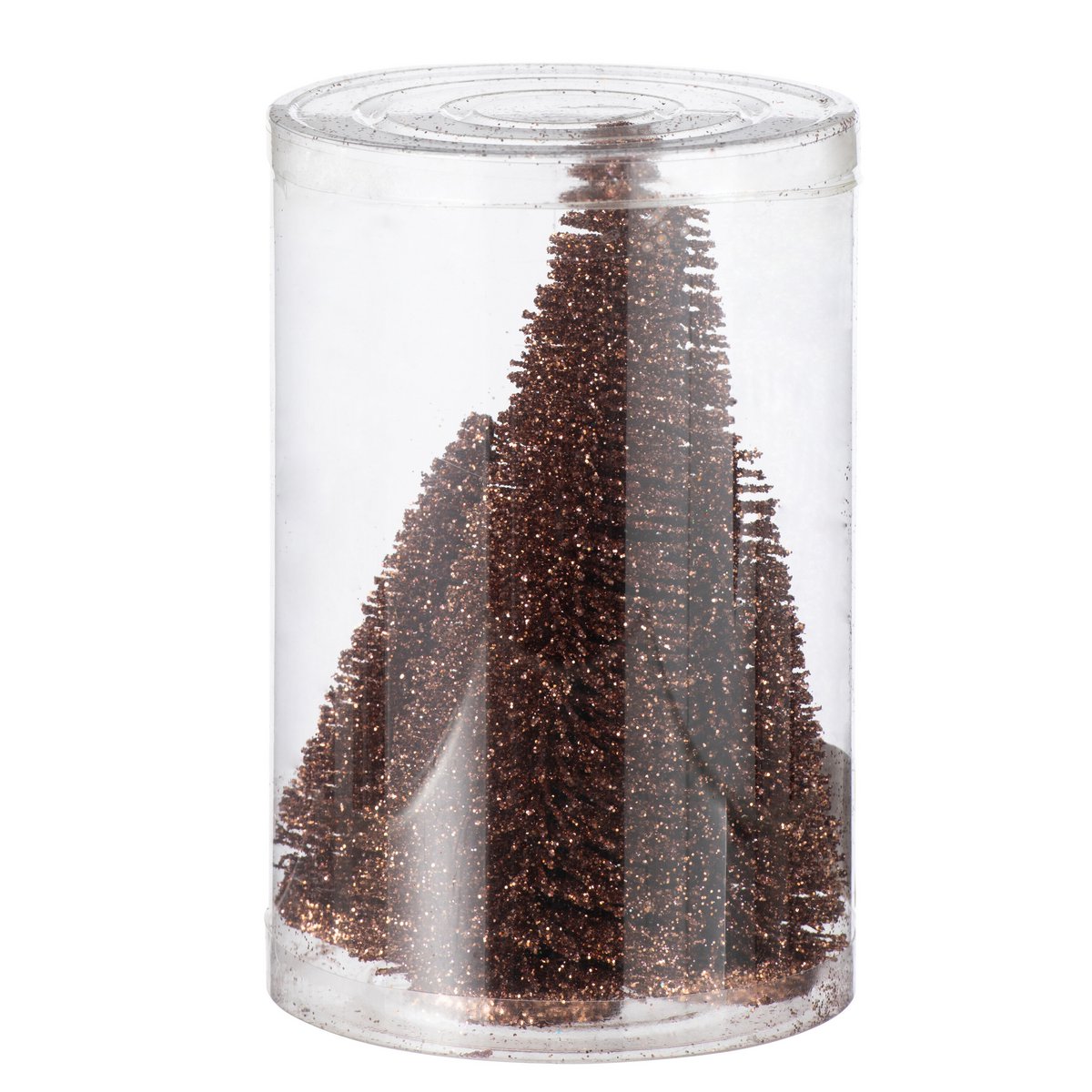 Boîte contenant quatre sapins décoratifs Glitter J-Line, parfaits pour embellir votre intérieur.