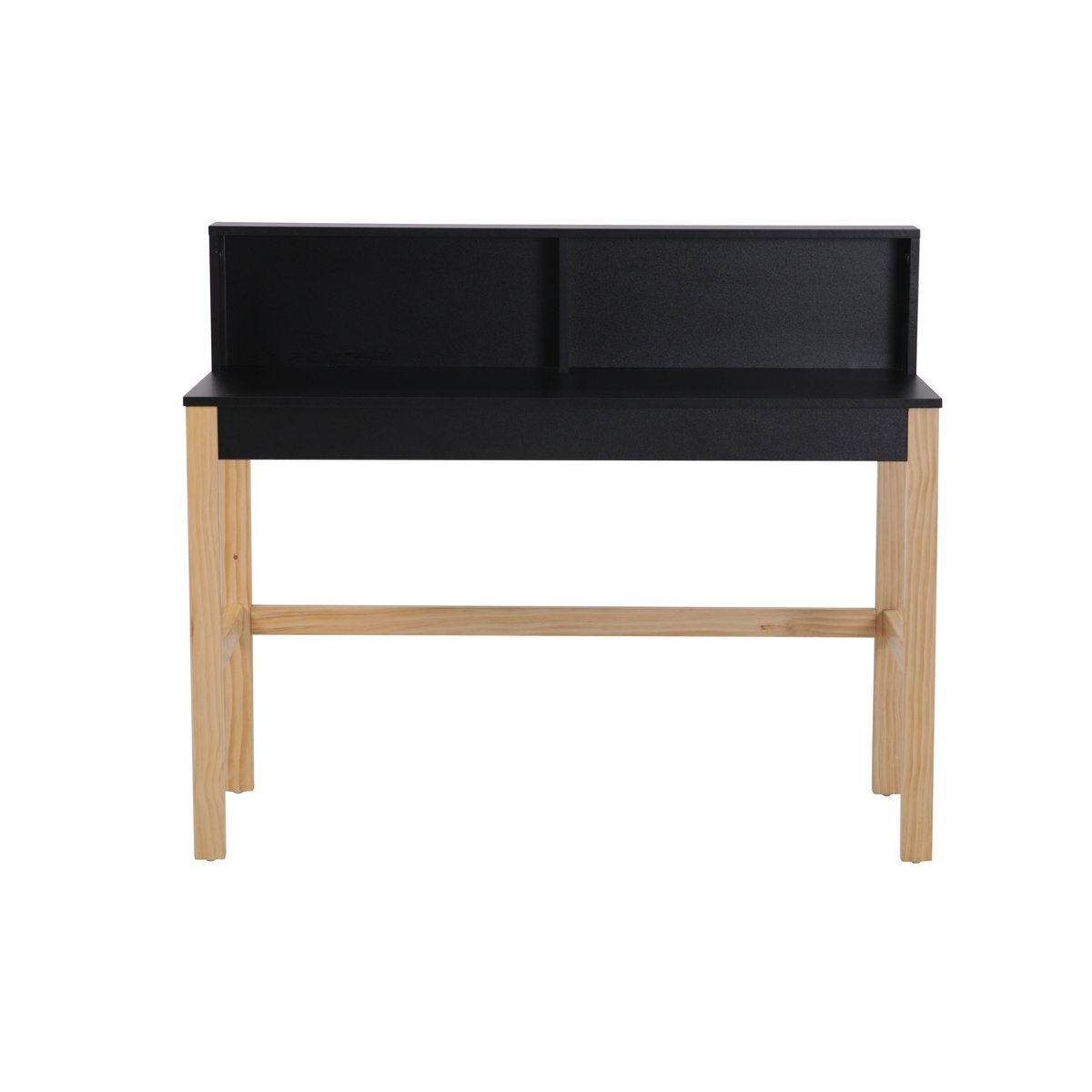 Bureau noir minimaliste, détail des pieds en bois