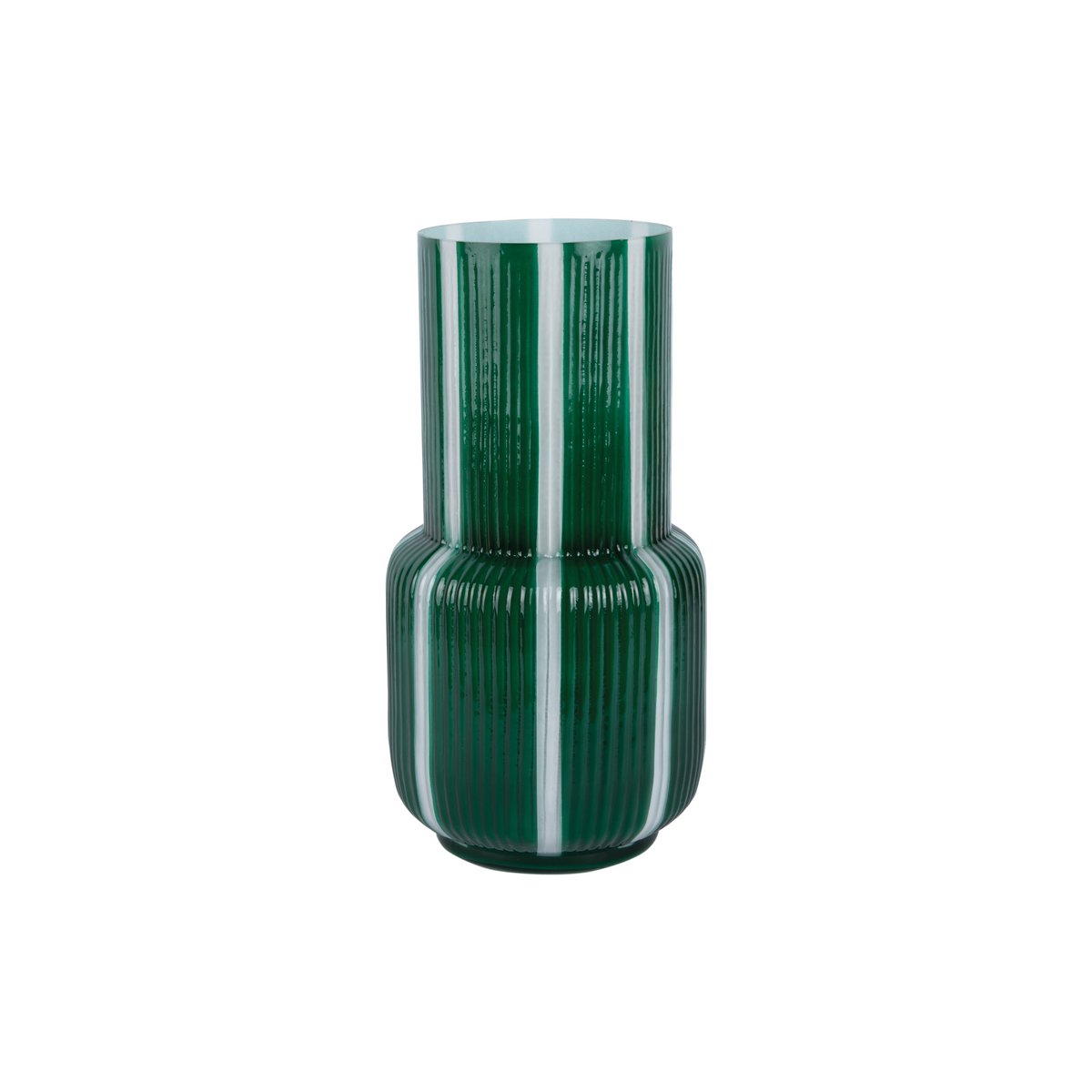 Vase rétro en verre vert avec rayures hautes, vue de face