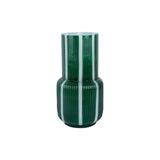 Vase rétro en verre vert avec rayures hautes, vue de face