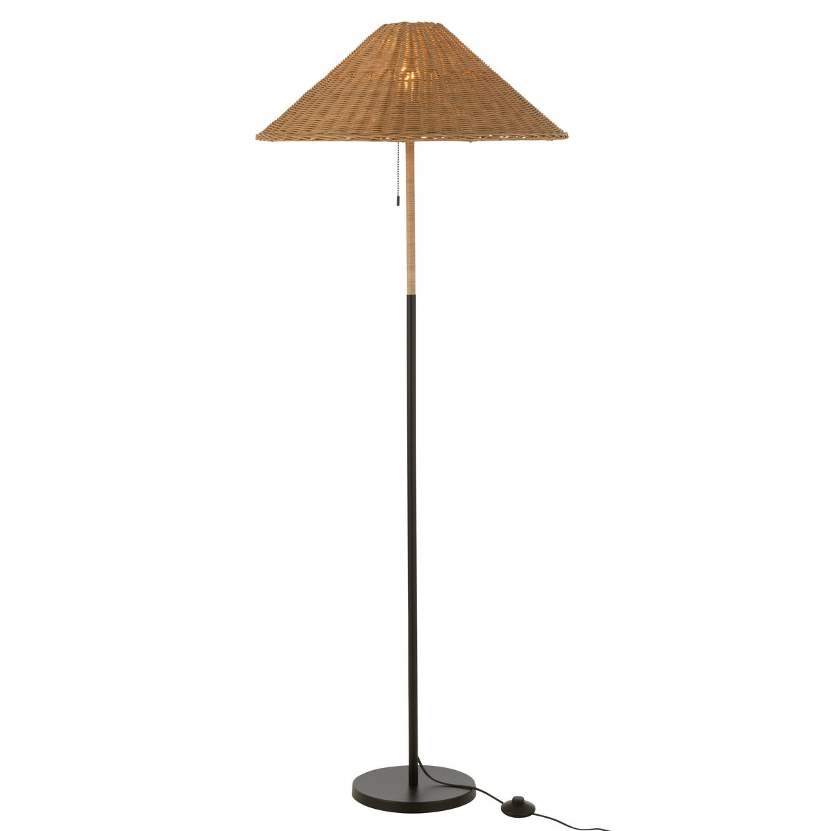 Lampadaire J-Line en métal et rotin noir et naturel, vue de face