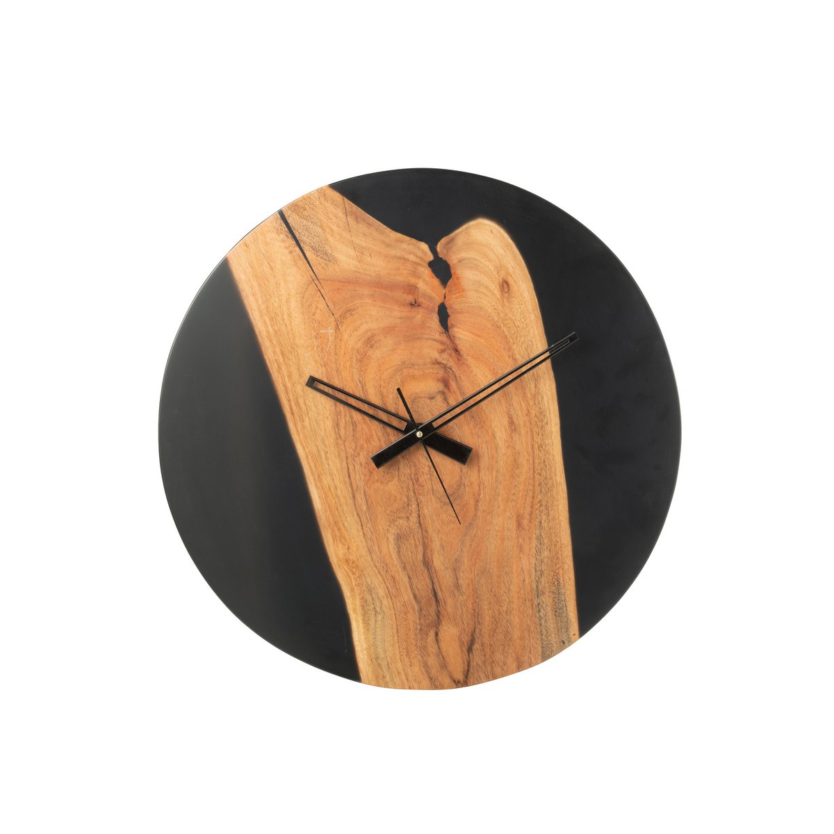 Détail de l'horloge J-Line Modern montrant la texture du bois et de la résine époxy.