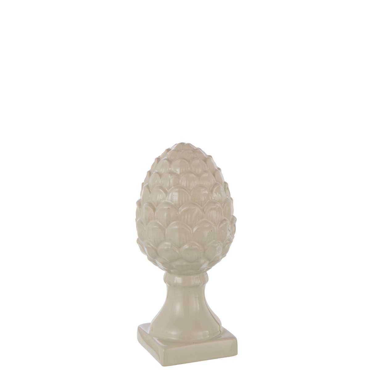 Détail de la pomme de pin J-Line en céramique beige sur un fond neutre