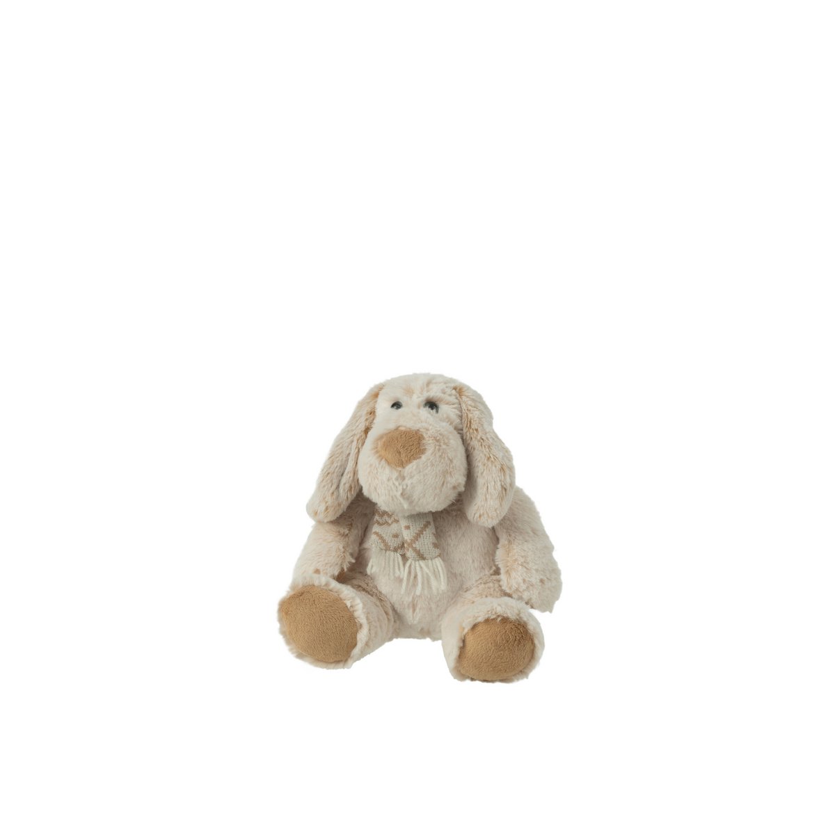 Chien en peluche J-Line assis, couleur beige et marron, ambiance chaleureuse