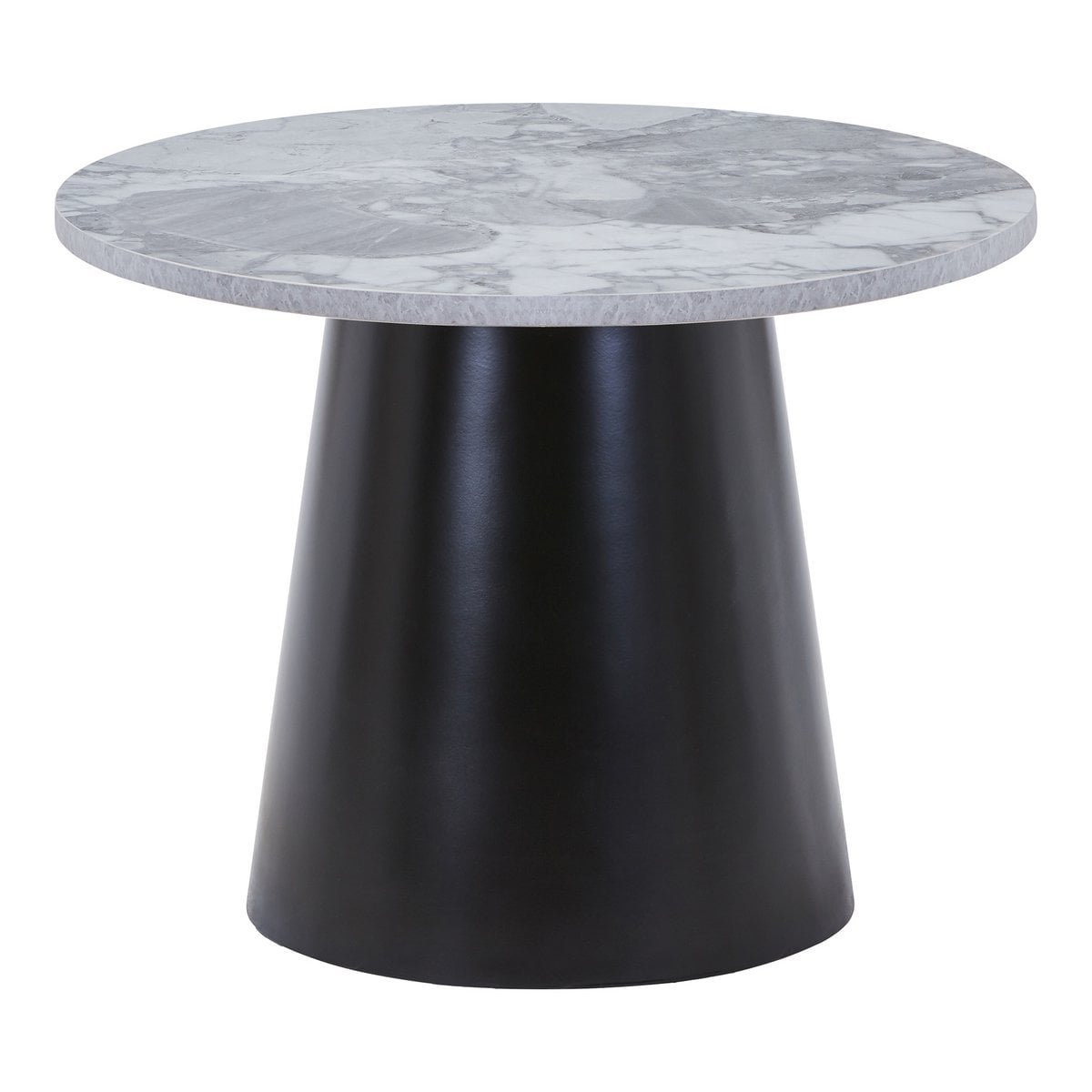 Table basse Brito avec plateau aspect marbre gris et base en acier noir, vue de face.