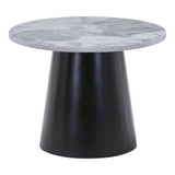 Table basse Brito avec plateau aspect marbre gris et base en acier noir, vue de face.