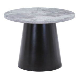 Table basse Brito avec plateau aspect marbre gris et base en acier noir, vue de face.