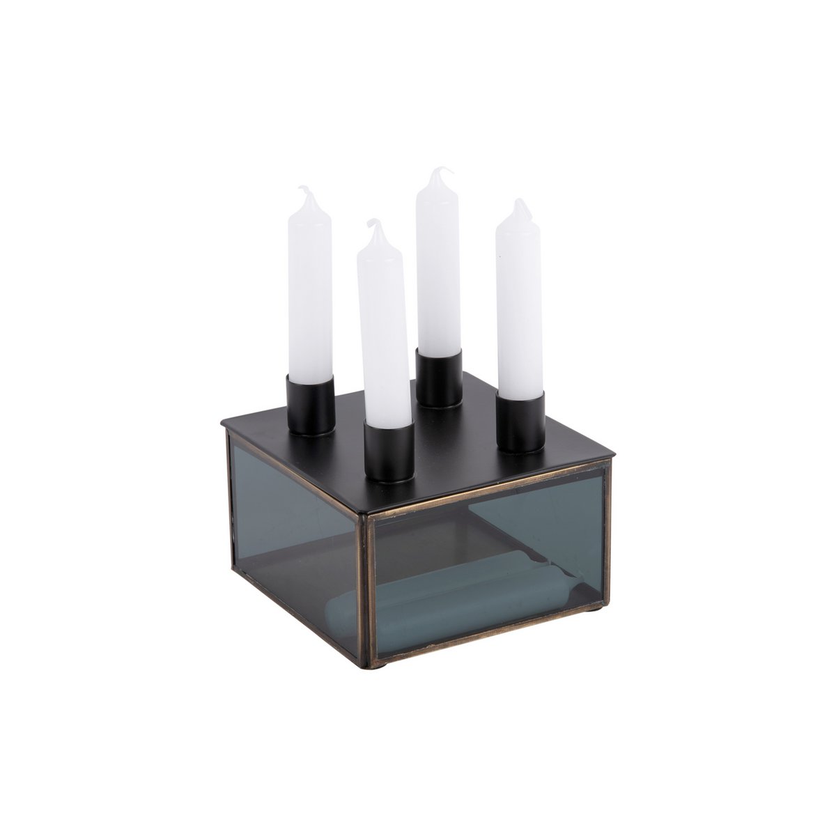 Vue de côté du bougeoir carré en verre et métal, style contemporain.