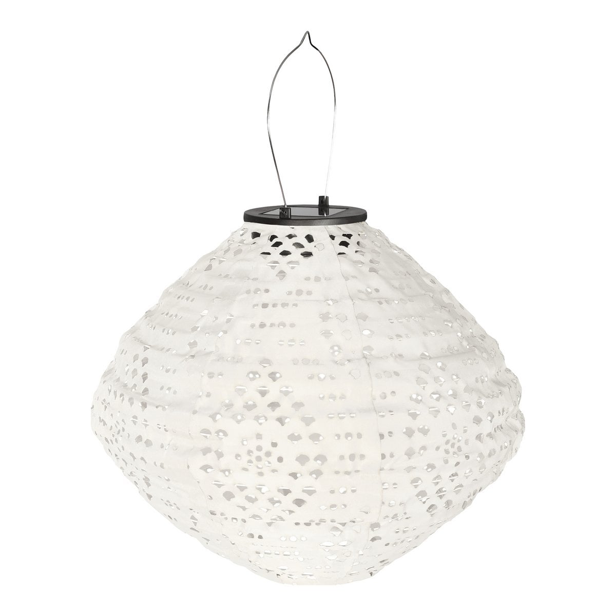 Lanterne LED Harwood blanche avec panneau solaire sur fond de jardin