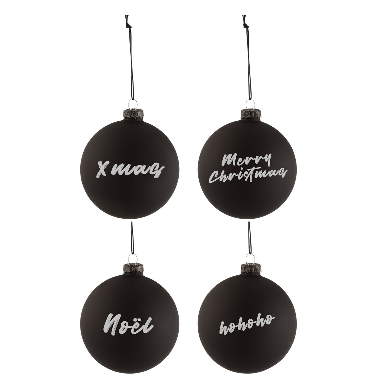 Quatre boules de Noël J-Line en verre noir dans leur boîte