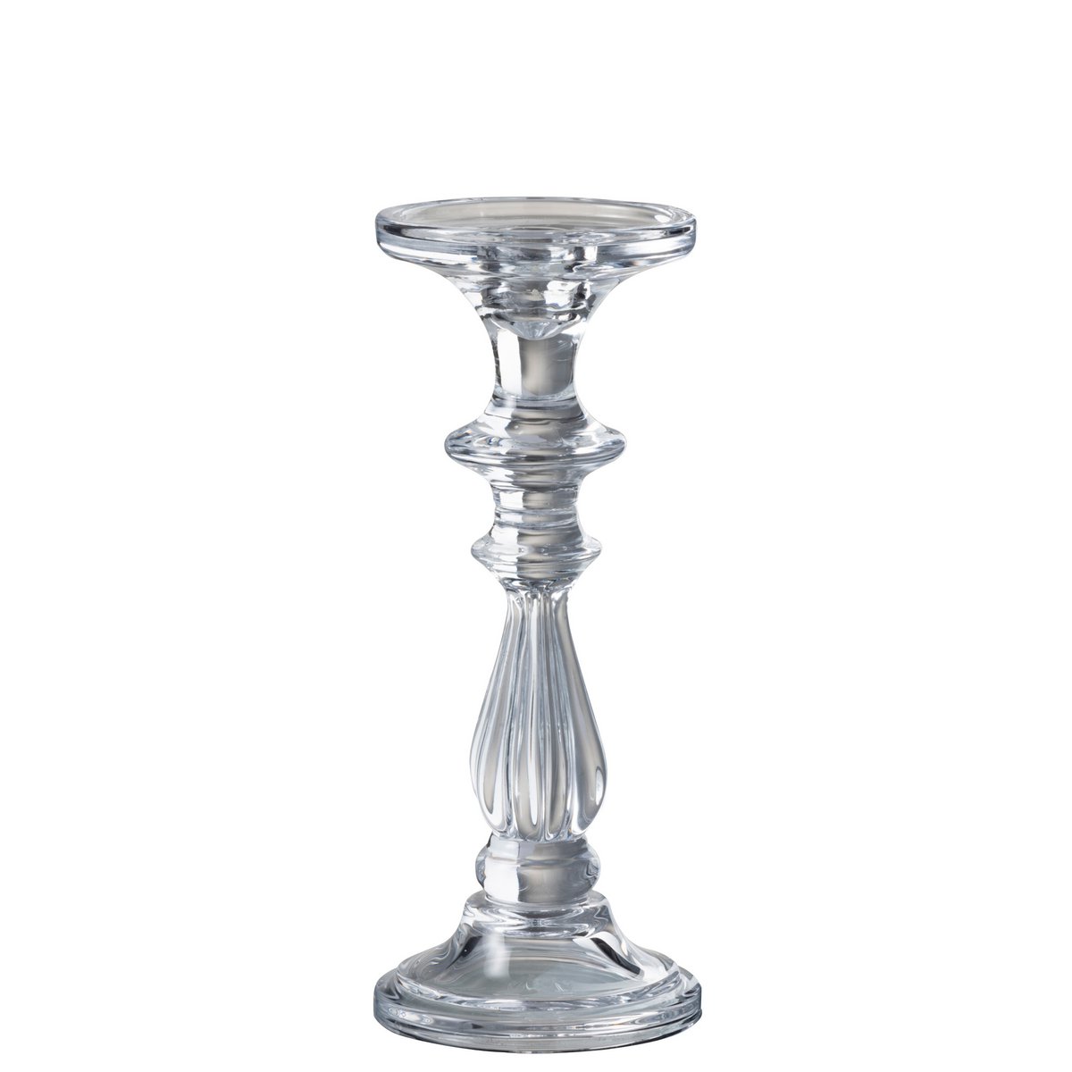 Bougeoir J-Line en verre transparent, vue latérale montrant la hauteur et la finition brillante