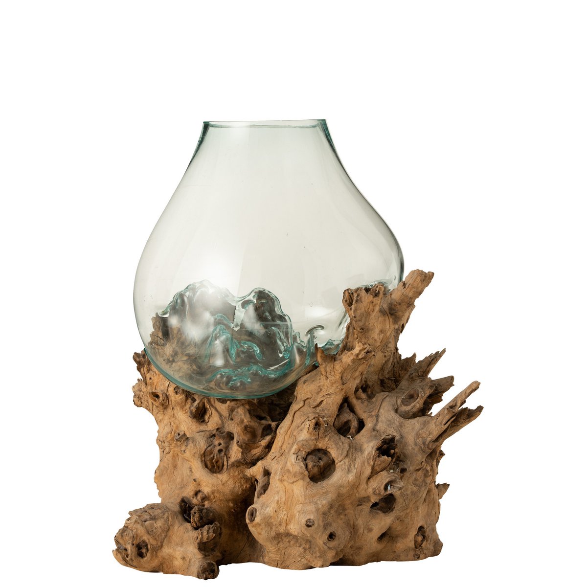 Vase XL sur pied en bois recyclé et verre naturel, vue d'ensemble