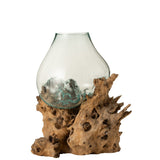 Vase XL sur pied en bois recyclé et verre naturel, vue d'ensemble