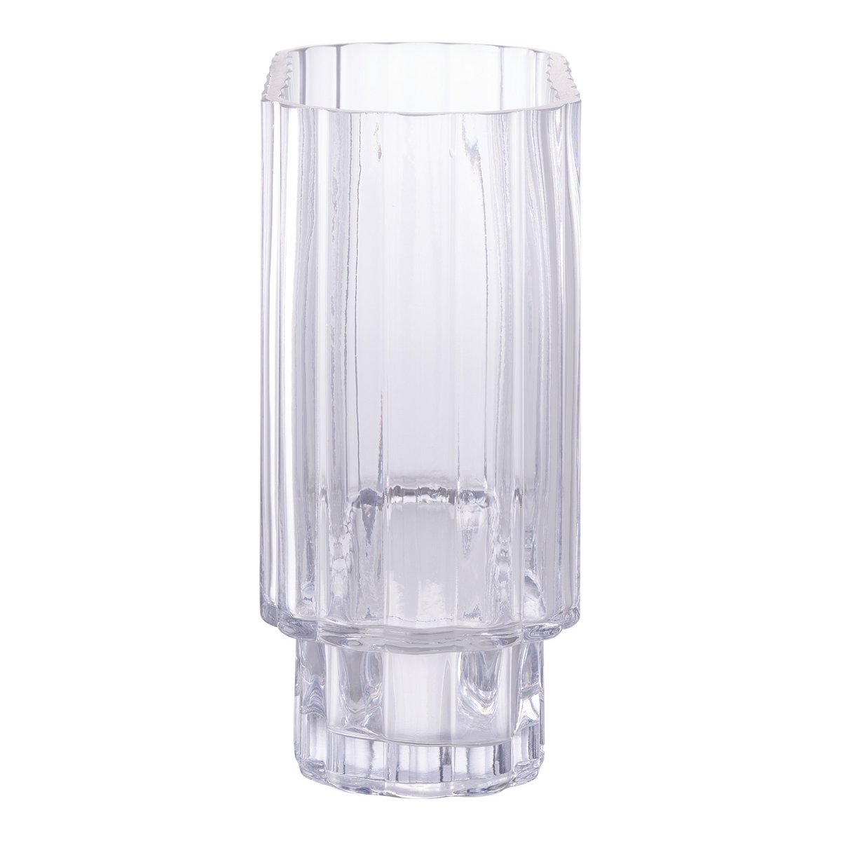 Vase en verre transparent sur une table en bois, vue latérale