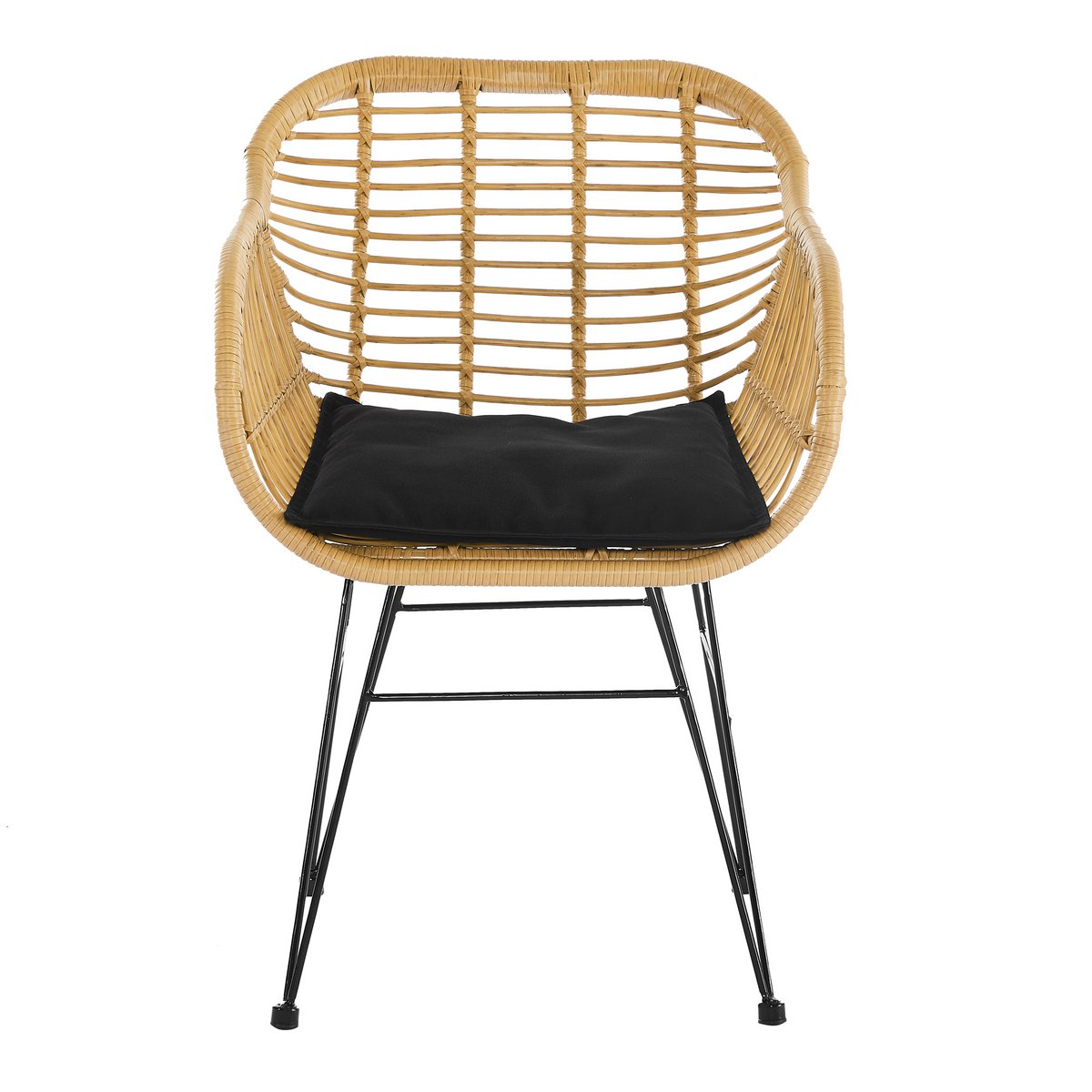 Fauteuil de jardin en polyrotin noir avec coussins, vue de face