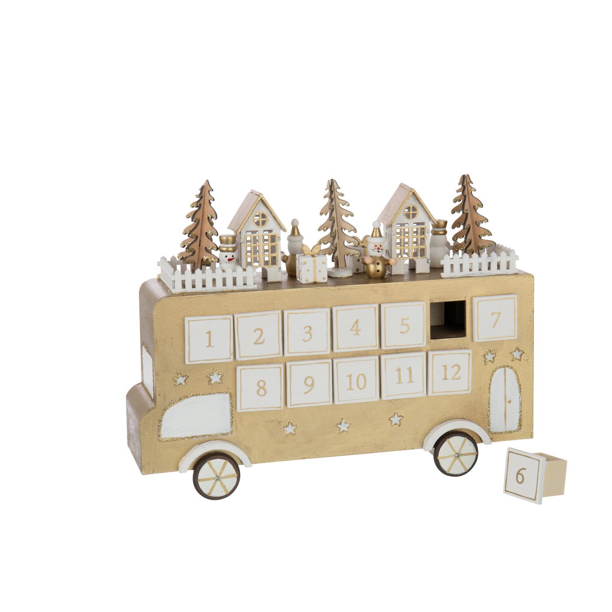 Détail du Calendrier de l'Avent Bus J-Line avec décorations vintage