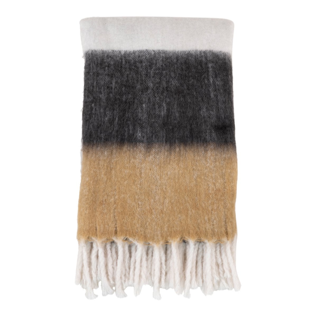 Plaid Sintra élégant en noir, blanc et marron sur un canapé moderne