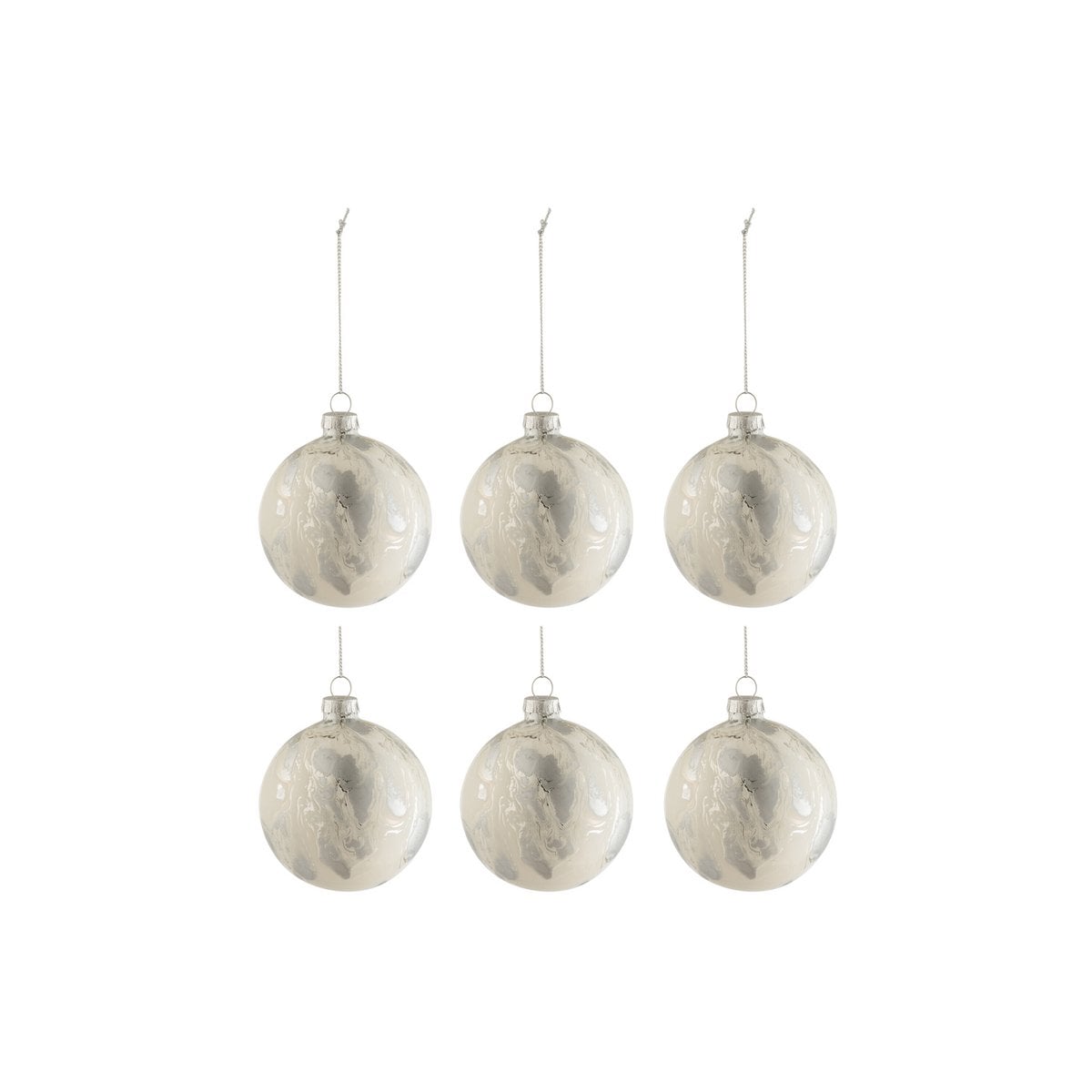 Boule de Noël J-Line en verre marbré blanc et argent, vue de face