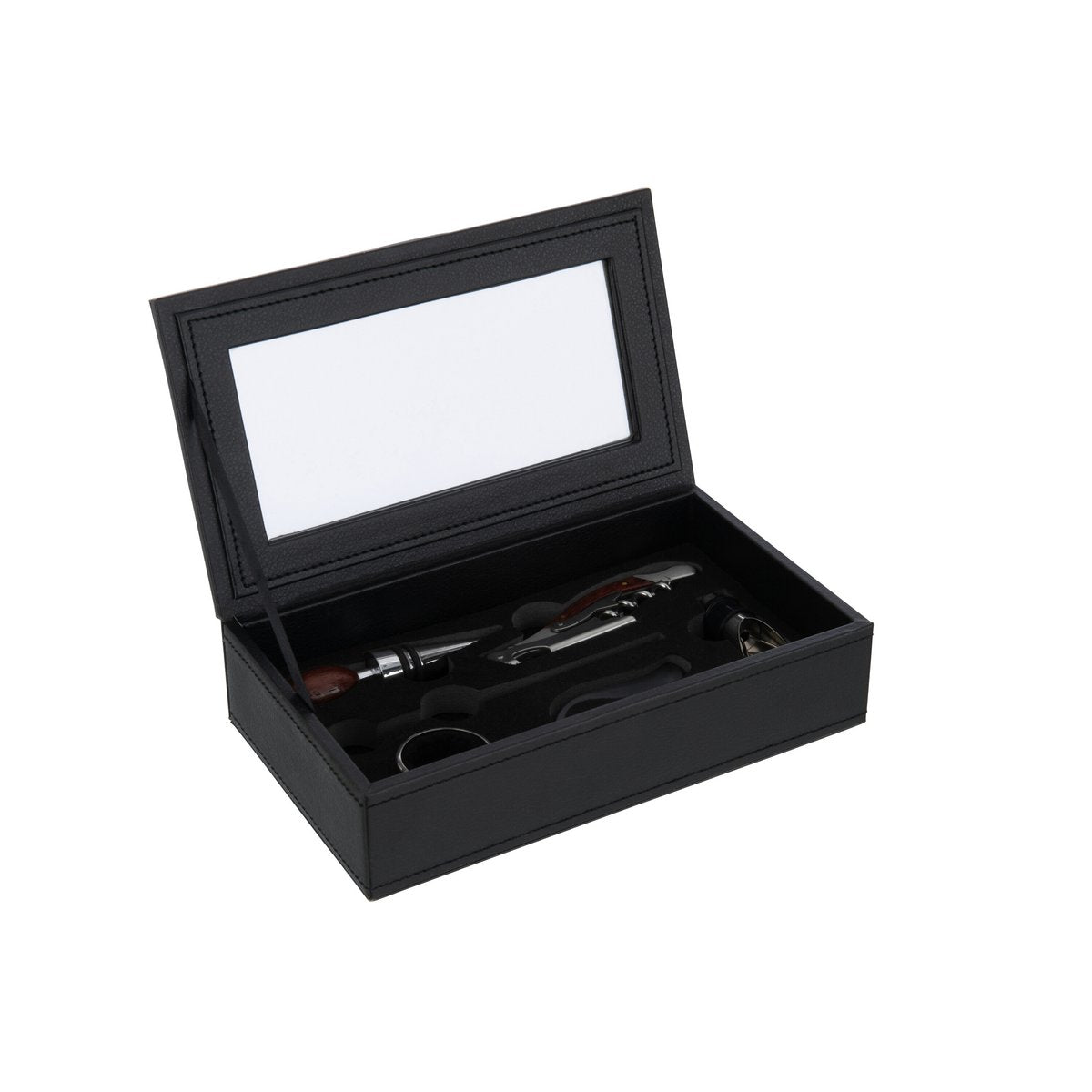 Détail du coffret vin J-Line, texture cuir artificiel noir