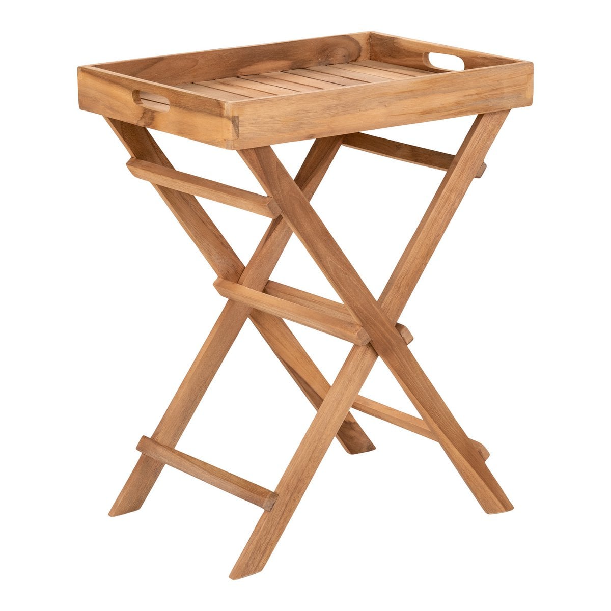 Table plateau Ronda en teck naturel, design élégant avec plateau amovible et pieds pliables.