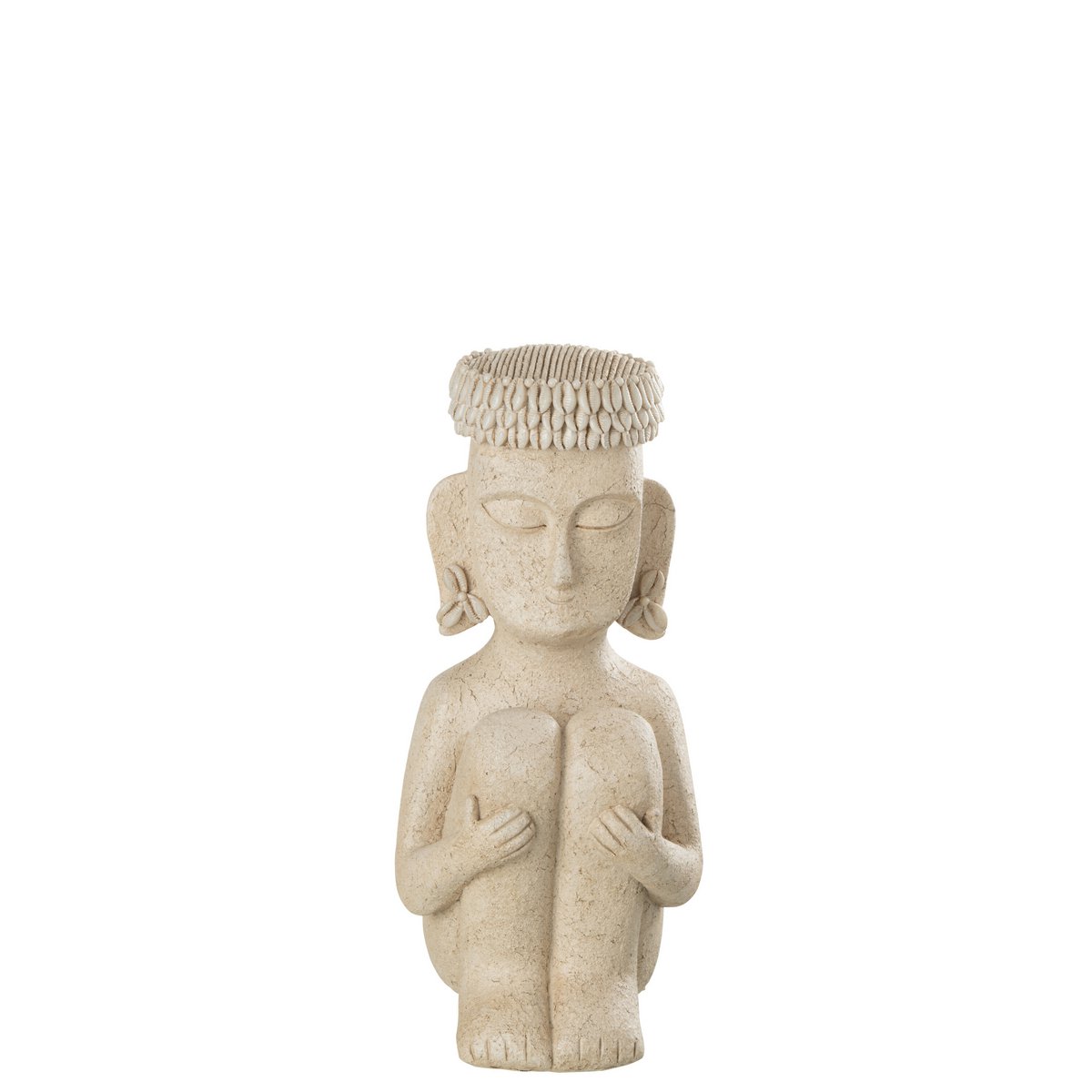Statue Assise Ethnique en pierre et résine beige, vue de face avec détails sculptés