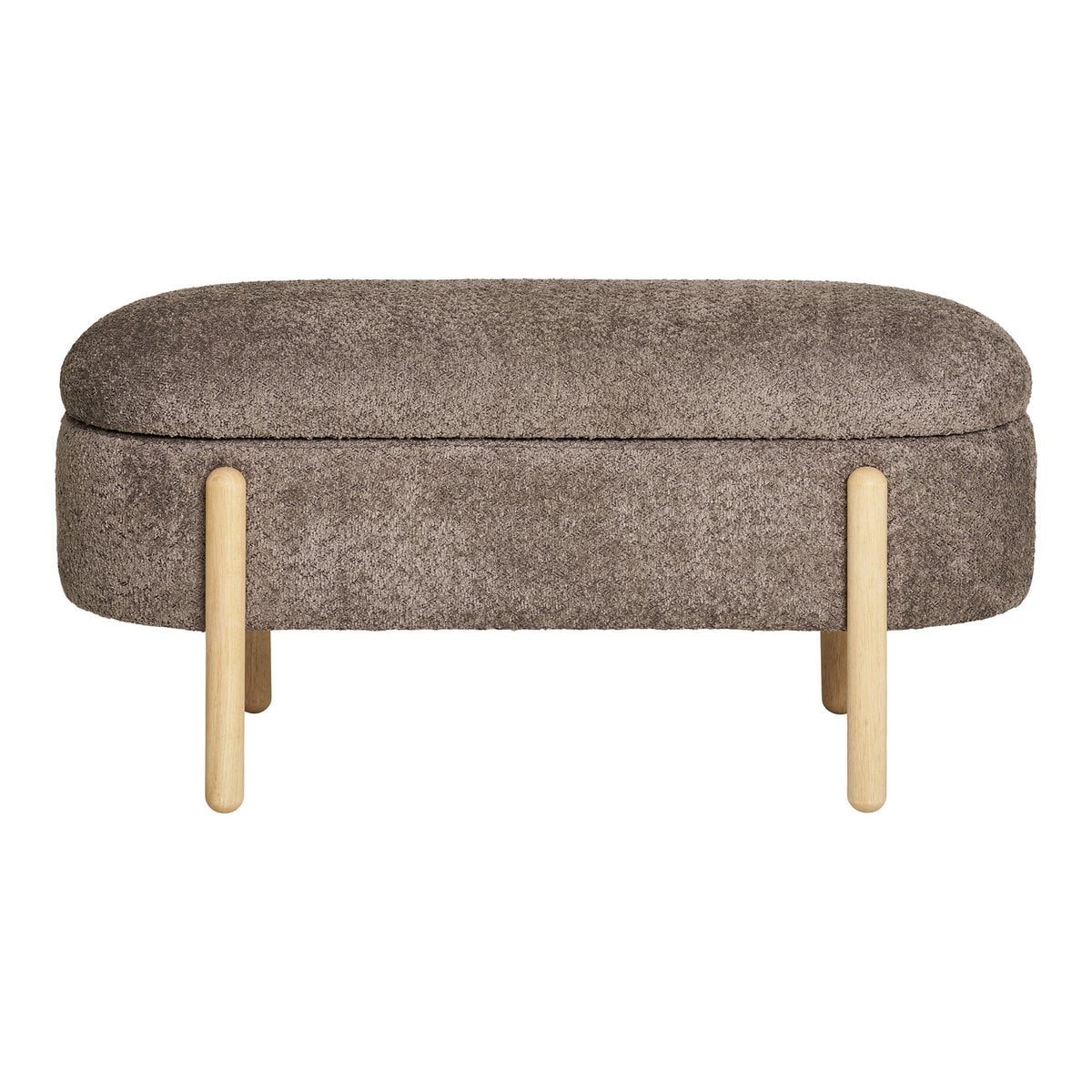 Banc Branca en tissu bouclé marron avec jambes en bois naturel, vue de face