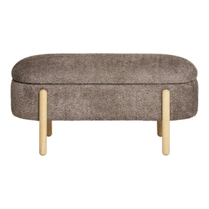 Banc Branca en tissu bouclé marron avec jambes en bois naturel, vue de face