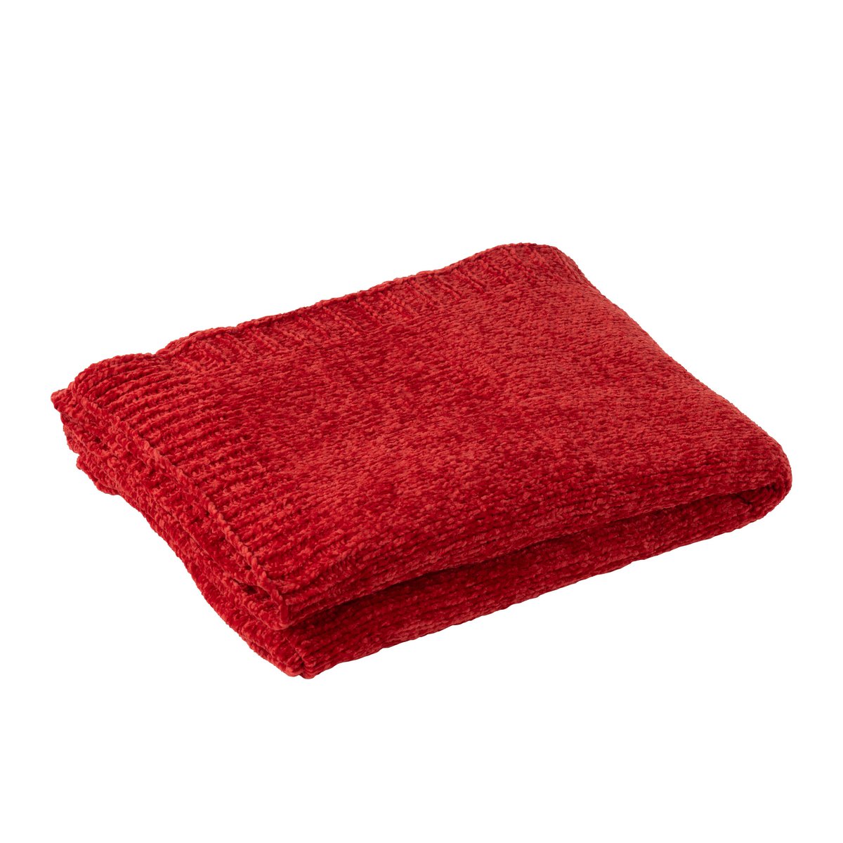 Couverture J-Line en chenille rouge pliée, prête à être utilisée.