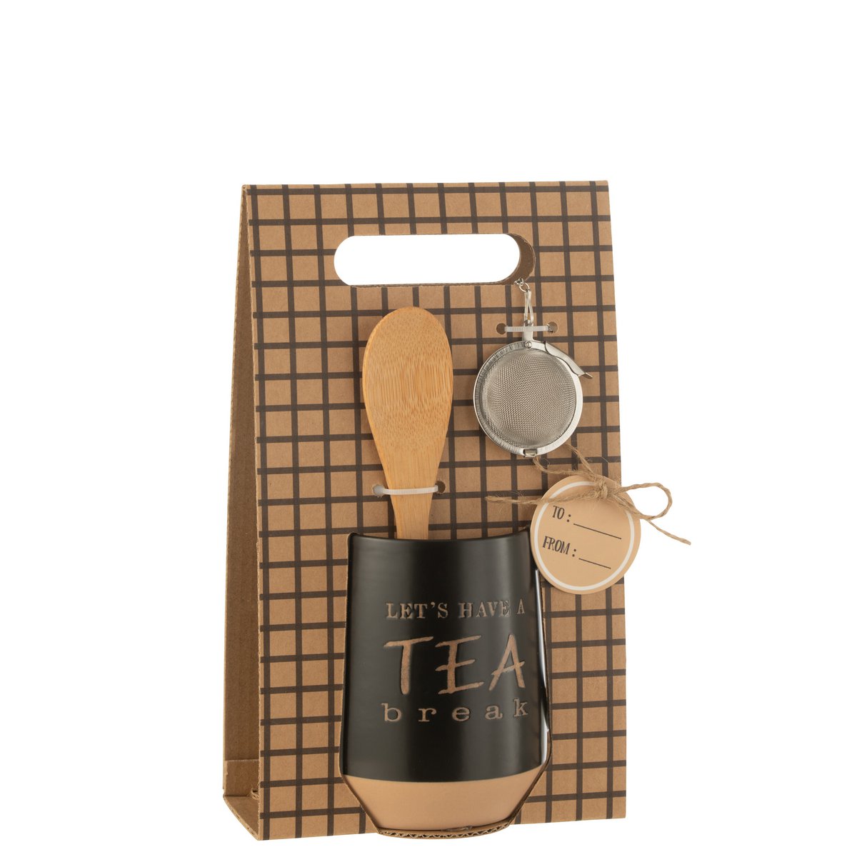 Détails du sachet de thé J-Line en céramique noire sur fond blanc