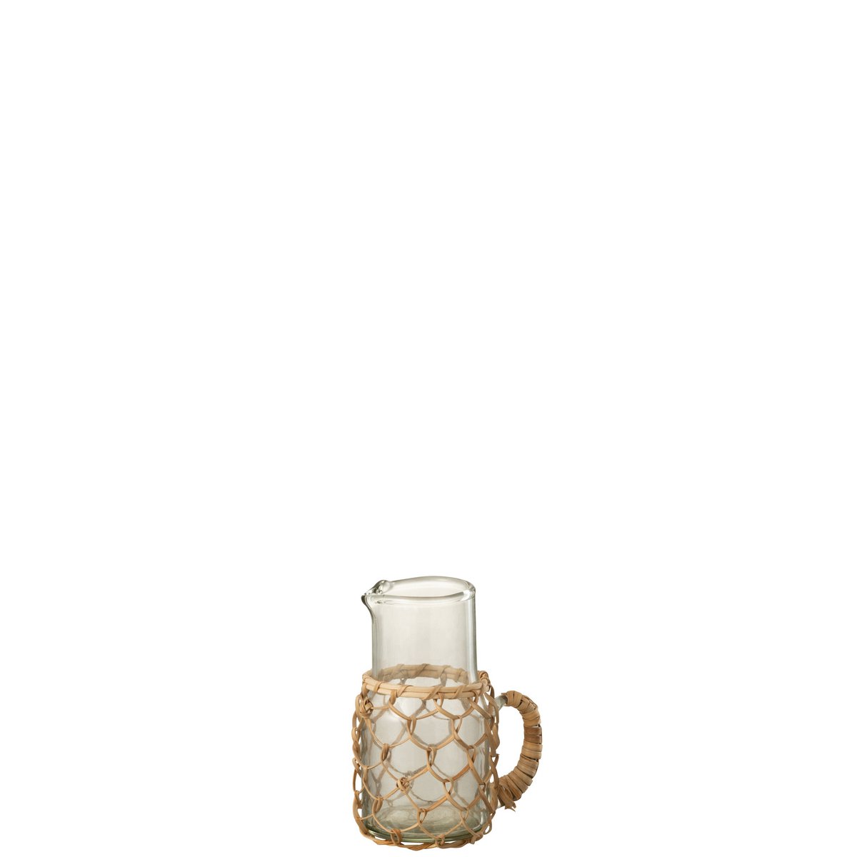 Carafe J-Line Breiwerk en verre et rotin, vue de côté montrant les détails du tissage