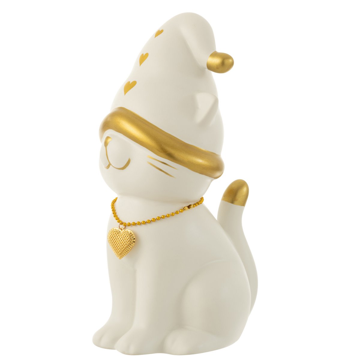 Vue latérale de la figurine chat J-Line, montrant les détails dorés