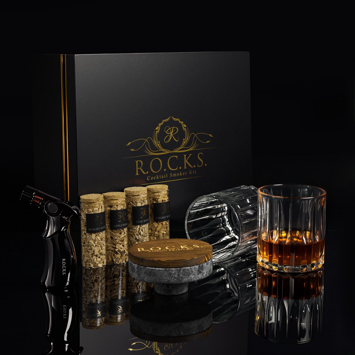 Kit de fumage à whisky en granit avec copeaux de bois