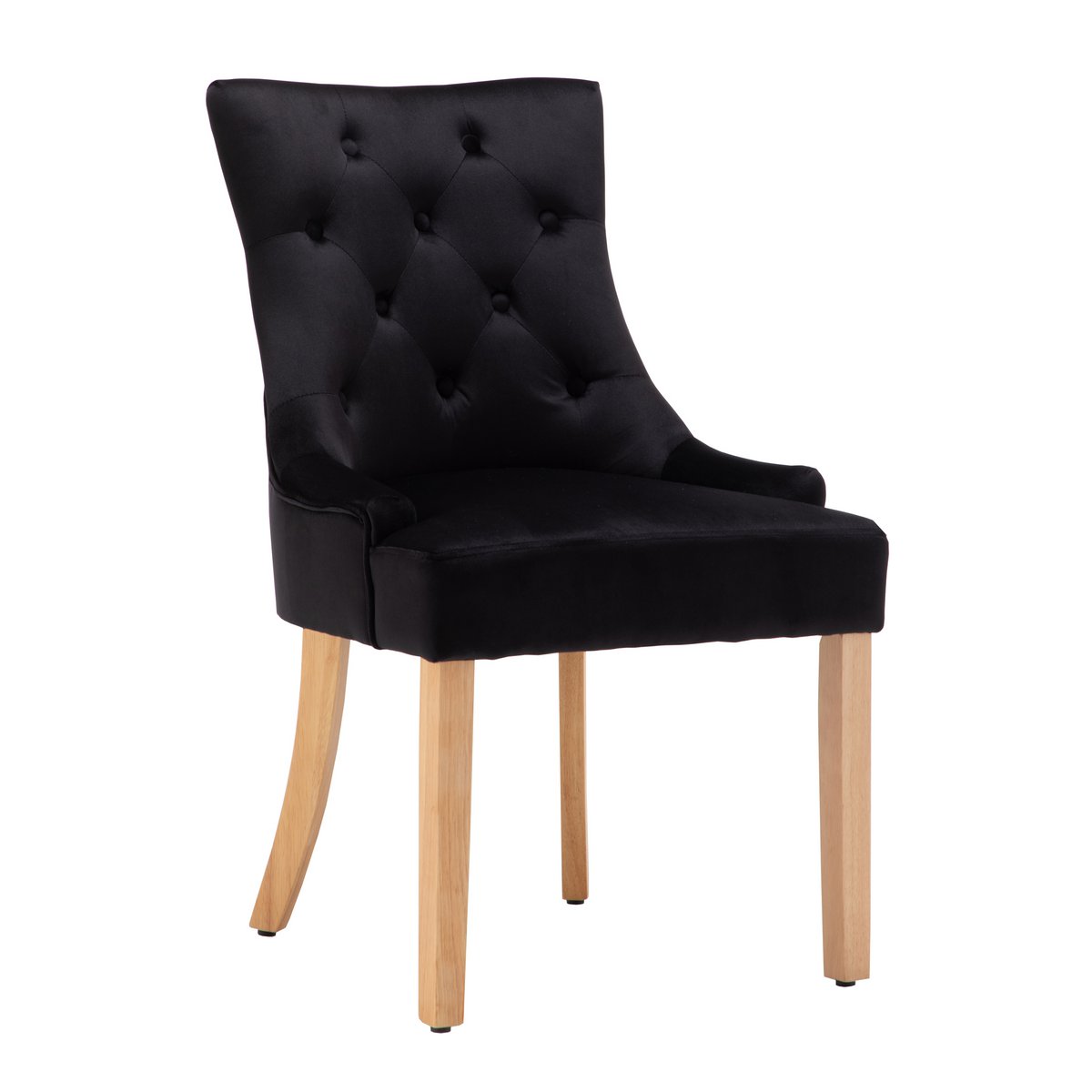 Chaise en velours noir avec coutures de boutons, vue de face