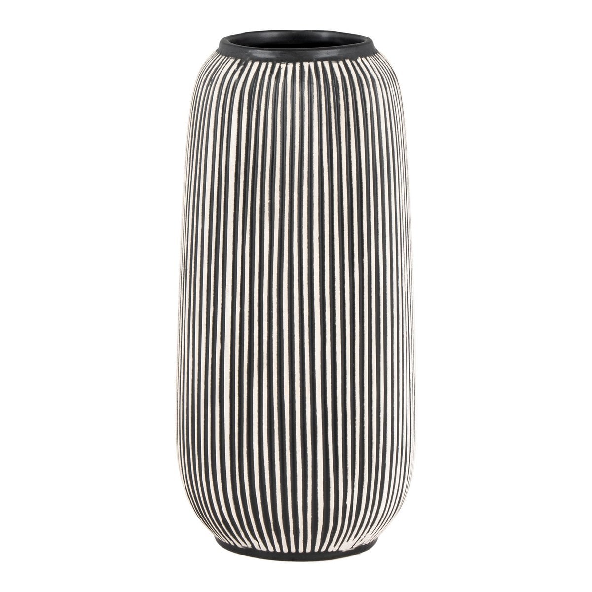 Vase en calcaire noir et blanc avec motif rayé, vue de face